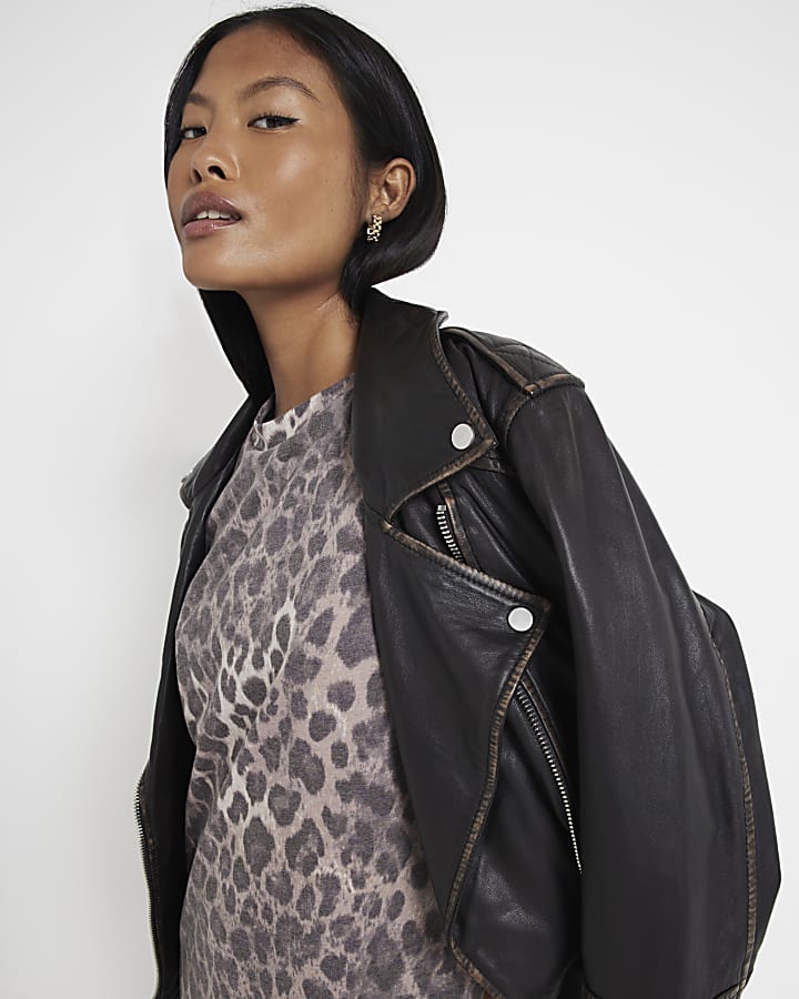 Petite Brown Leopard Print T-Shirt Midi Dress