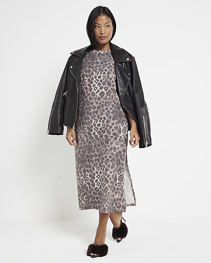 Petite Brown Leopard Print T-Shirt Midi Dress