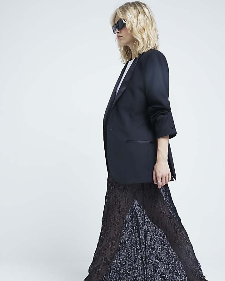 Black Lace Crinkle Maxi Skirt
