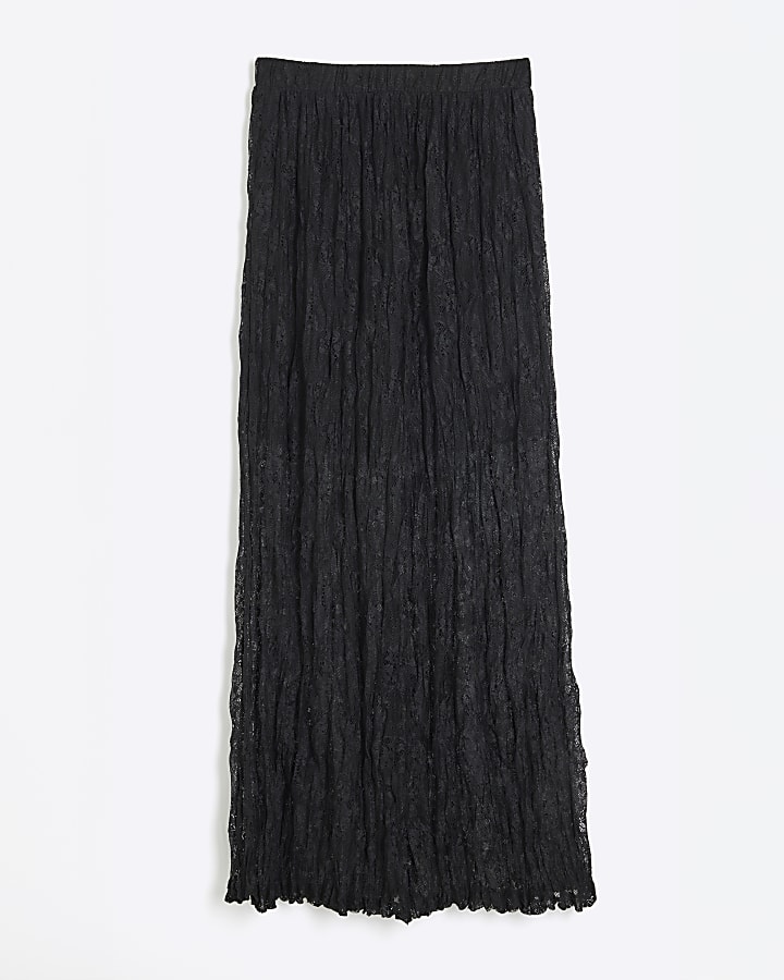 Black Lace Crinkle Maxi Skirt