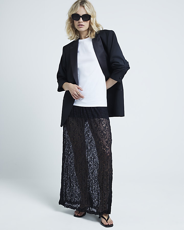 Black Lace Crinkle Maxi Skirt