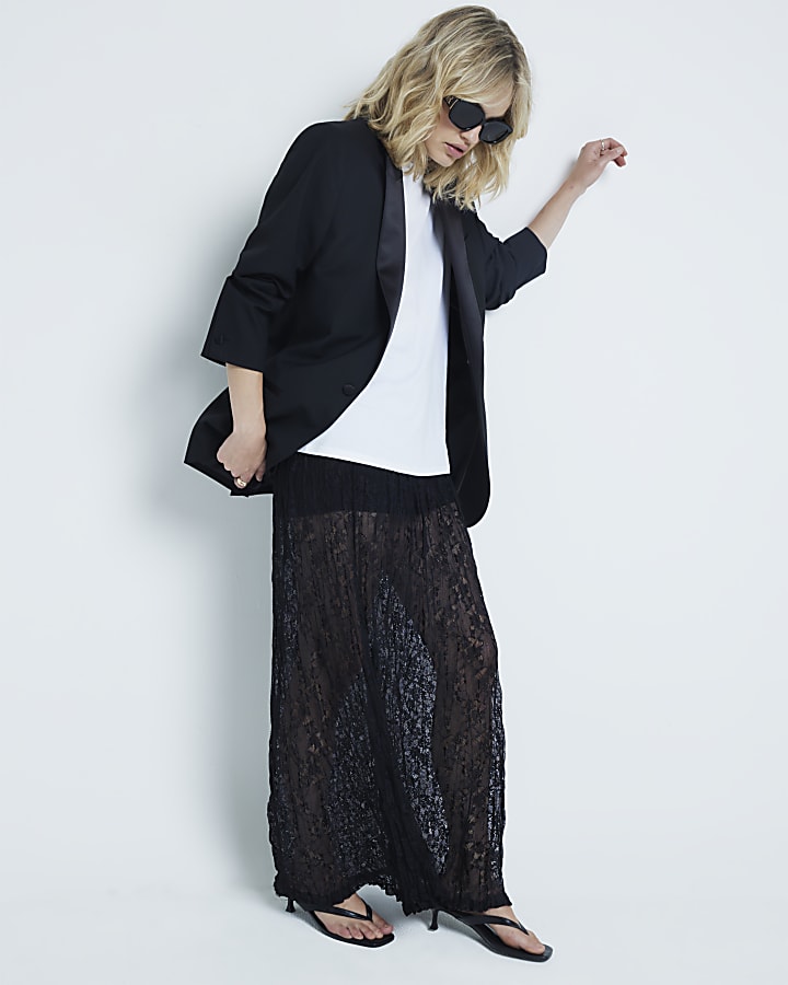 Black Lace Crinkle Maxi Skirt