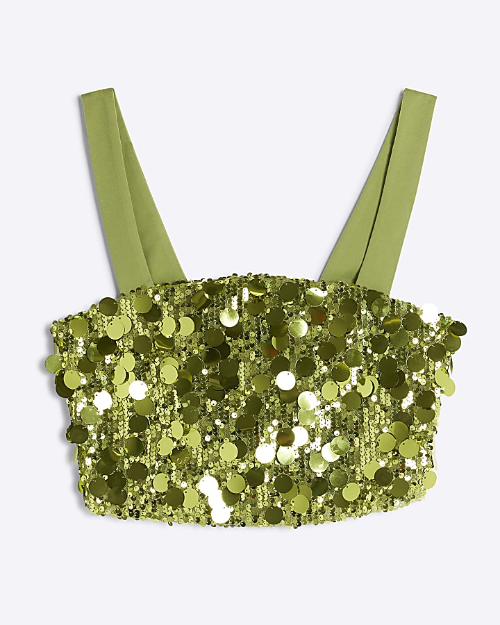 Green Sequin Crop Top