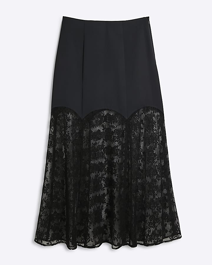 Black Satin Lace Midi Skirt