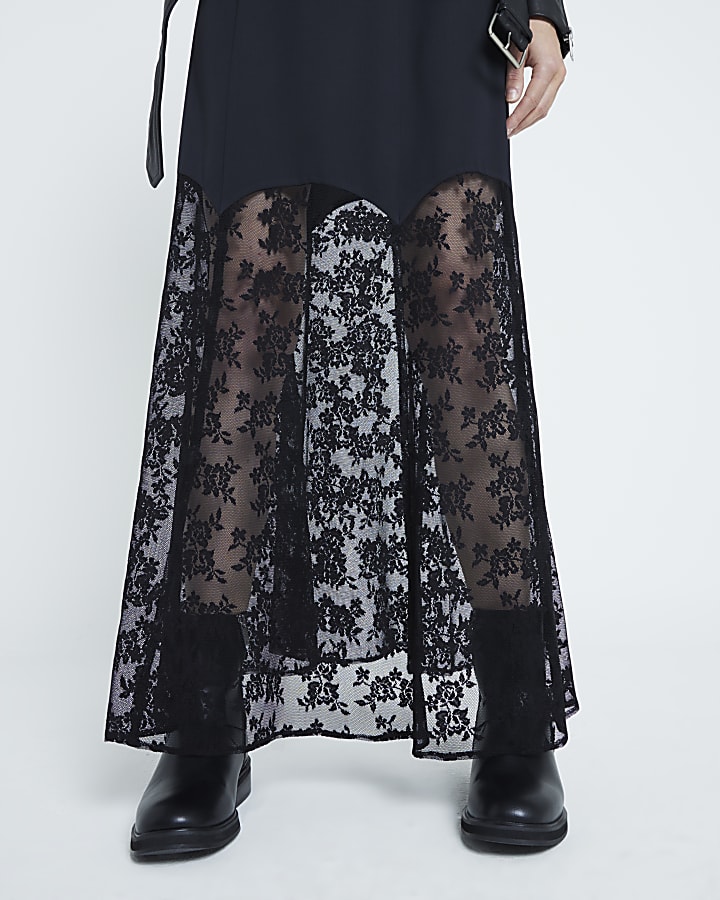 Black Satin Lace Midi Skirt