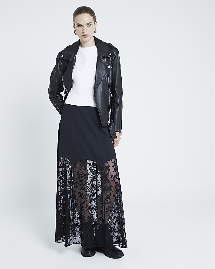 Black Satin Lace Midi Skirt