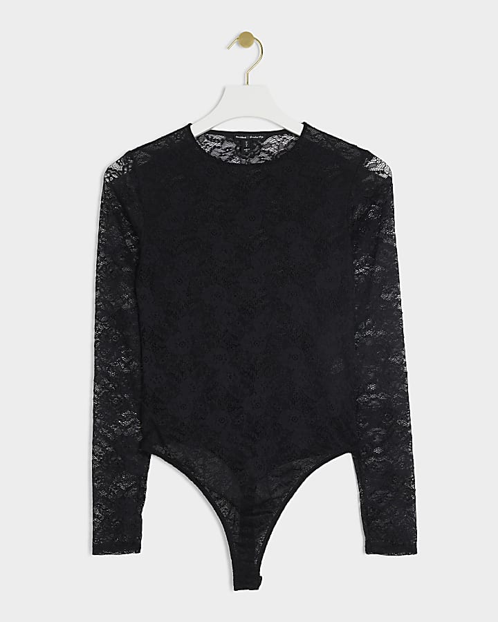 Black lace long sleeve bodysuit