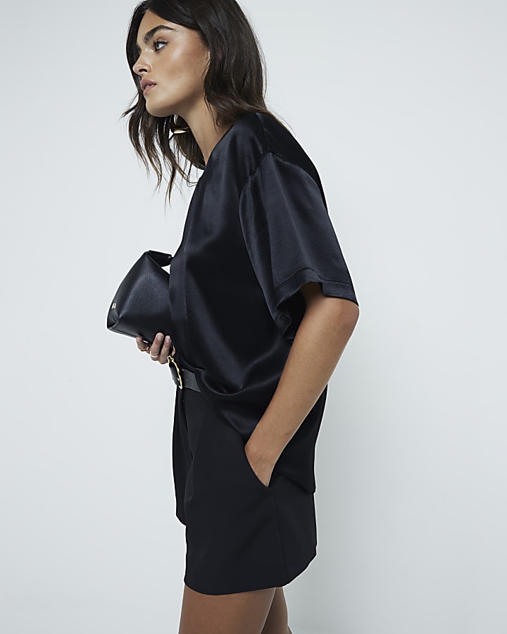 Black Satin Oversized T Shirt River Island