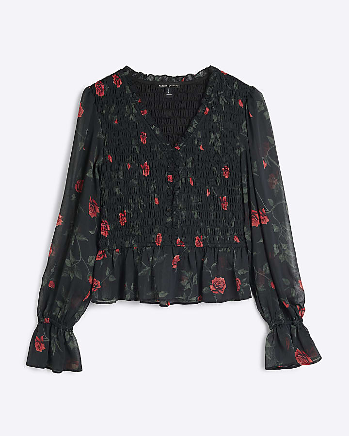 Black Floral Printed Shirred Top