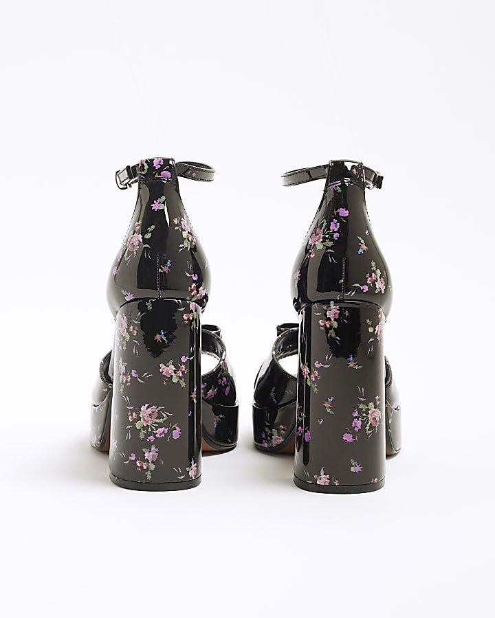 Black Floral Bow Ankle Strap Platform Sandals