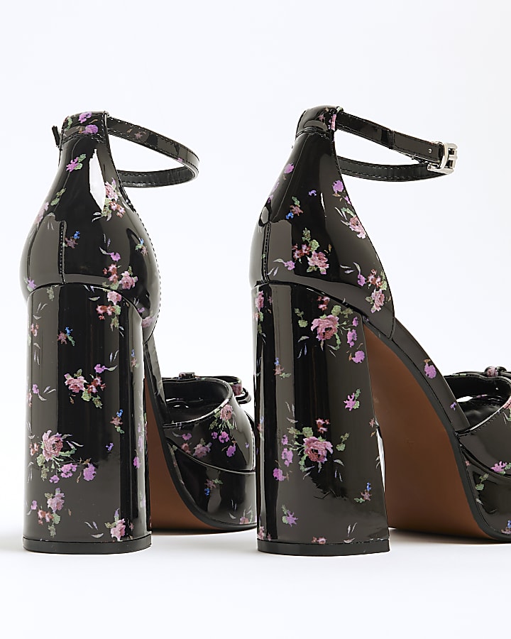 Black Floral Bow Ankle Strap Platform Sandals