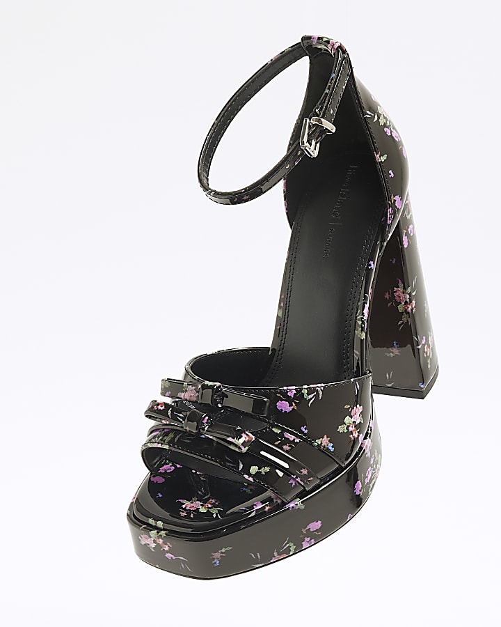 Black Floral Bow Ankle Strap Platform Sandals