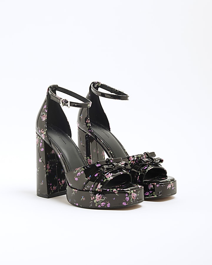 Black Floral Bow Ankle Strap Platform Sandals