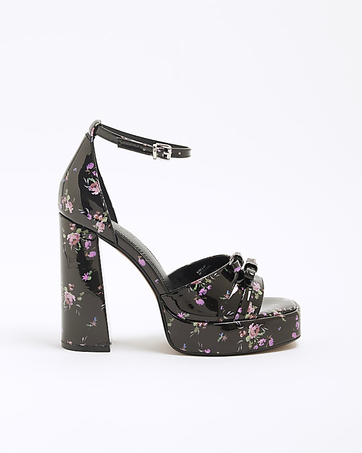 Black Floral Bow Ankle Strap Platform Sandals