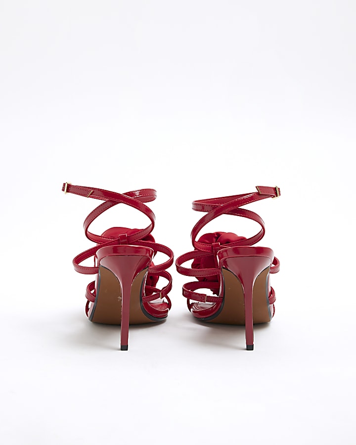 Red Flower Corsage Strap Heeled Sandals