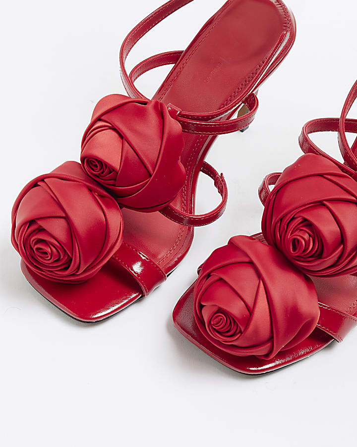 Red Flower Corsage Strap Heeled Sandals