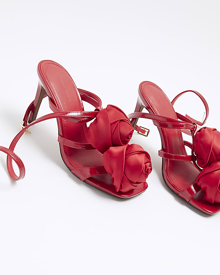 Red Flower Corsage Strap Heeled Sandals