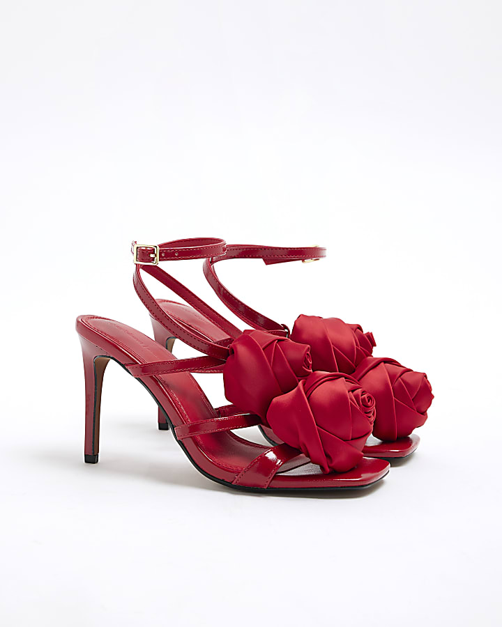 Red Flower Corsage Strap Heeled Sandals