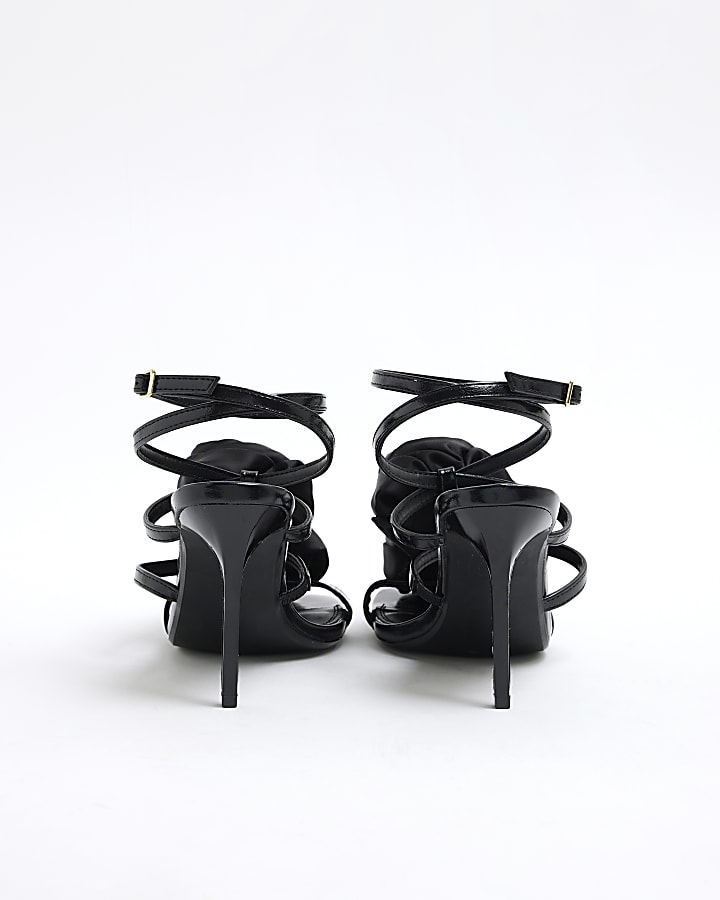 Black Flower Corsage Strappy Heeled Sandals
