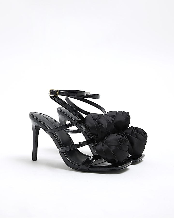 Black Flower Corsage Strappy Heeled Sandals