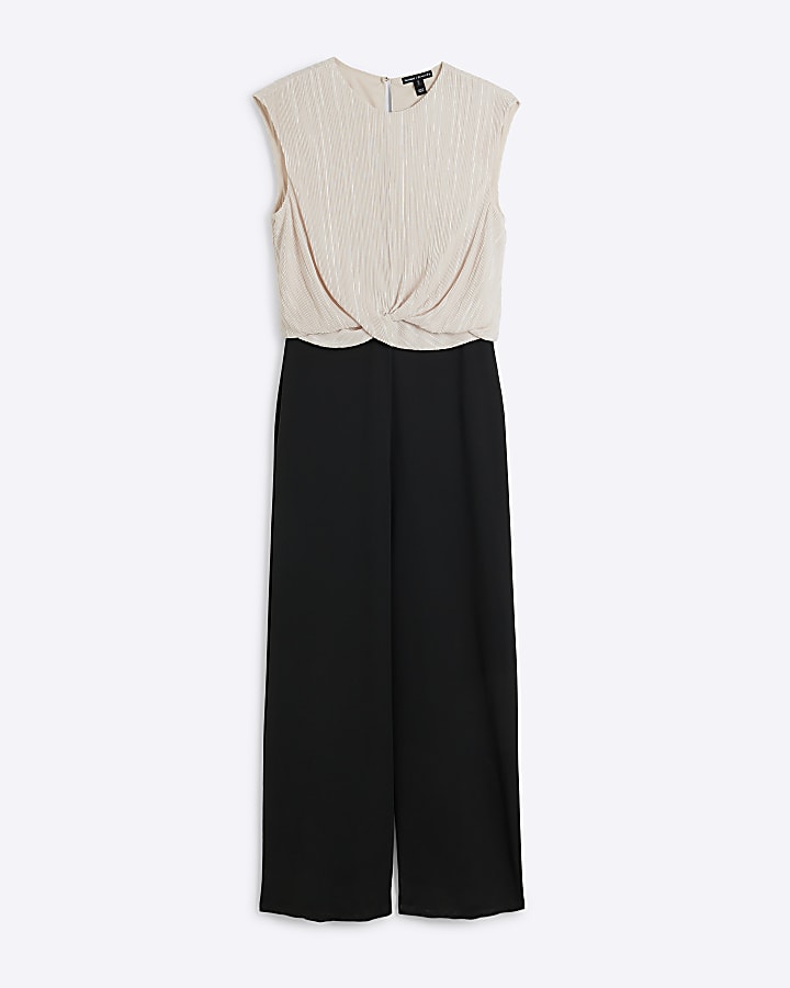 Black plisse top wide leg jumpsuit