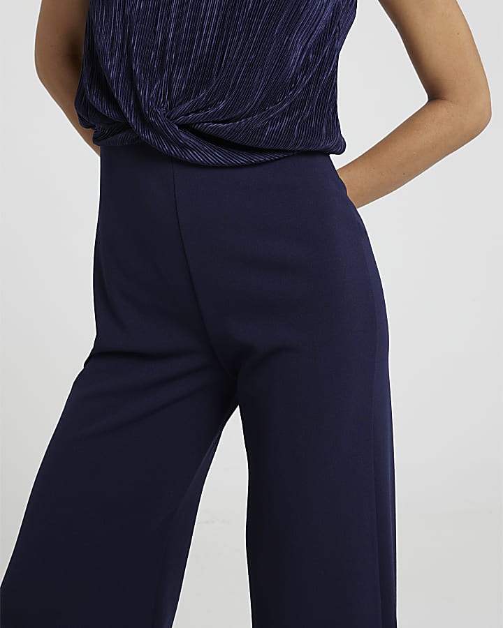 Navy plisse top wide leg jumpsuit