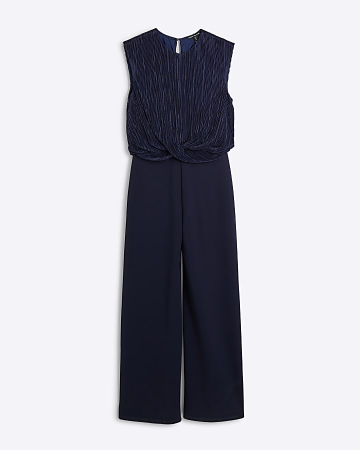 Navy plisse top wide leg jumpsuit