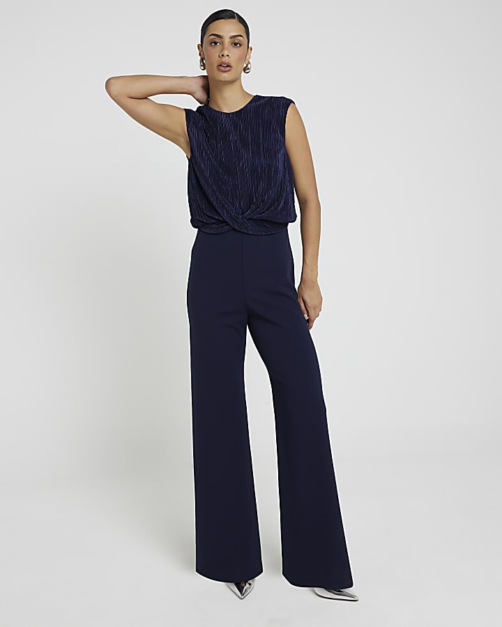 Navy plisse top wide leg jumpsuit