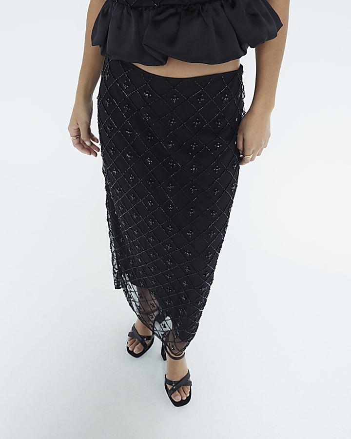 Petite Black Satin Beaded Midi Skirt