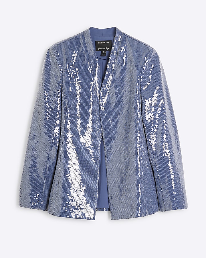 Blue Sequin Collarless Blazer