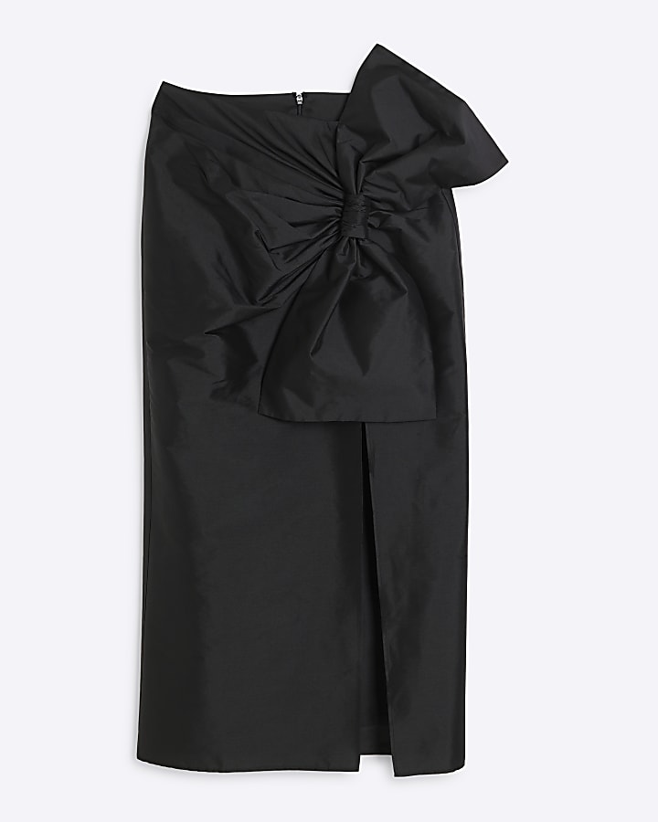 Black Taffetta Bow Midi Skirt