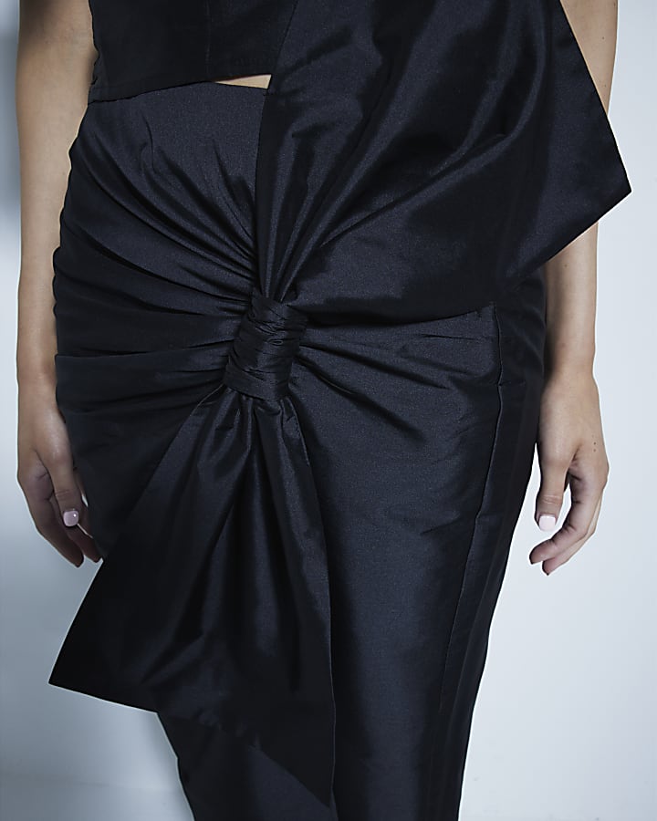 Black Taffetta Bow Midi Skirt