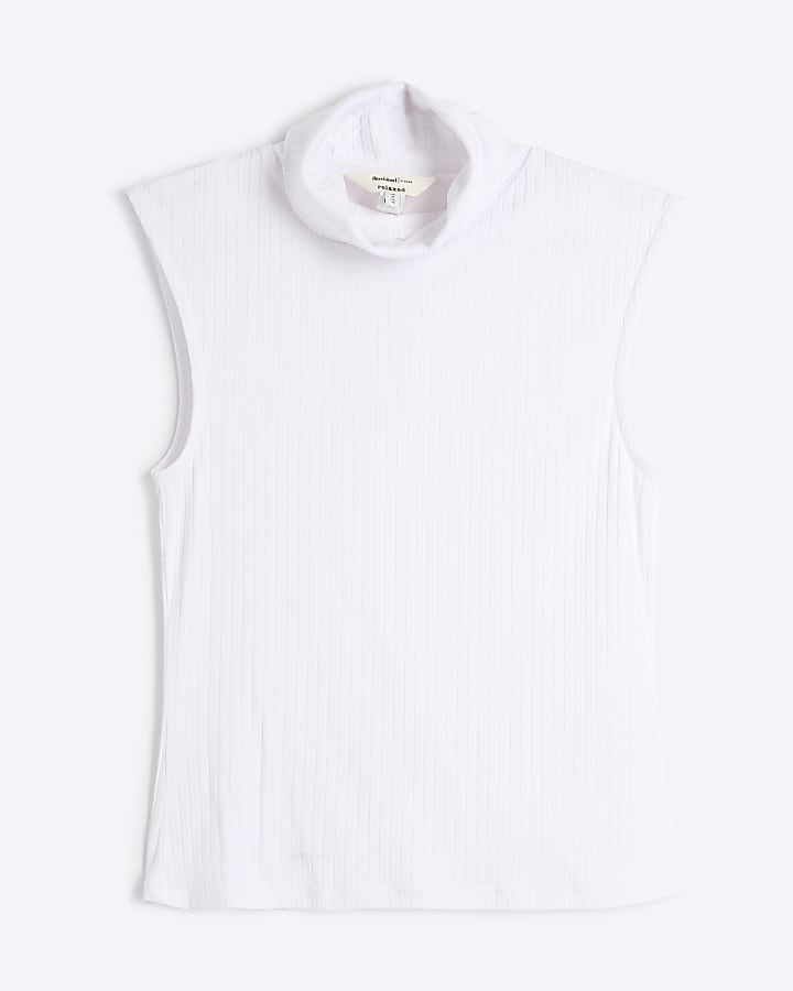 White sleeveless chunky ribbed roll neck top