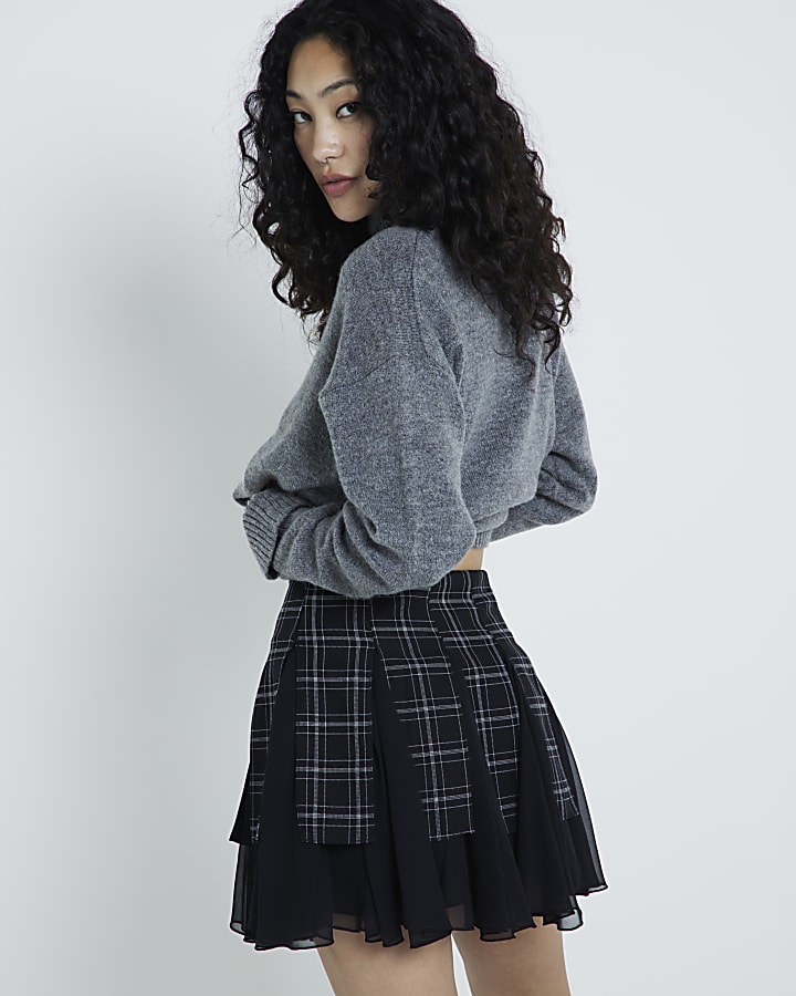 Black Chiffon Pleated Check Skirt