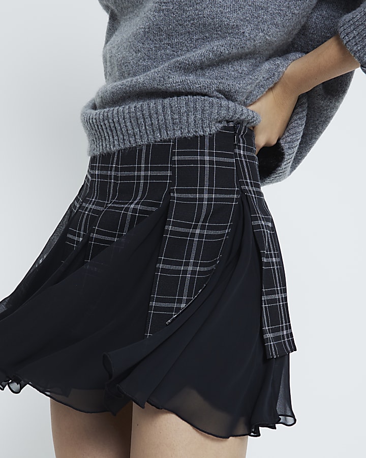 Black Chiffon Pleated Check Skirt