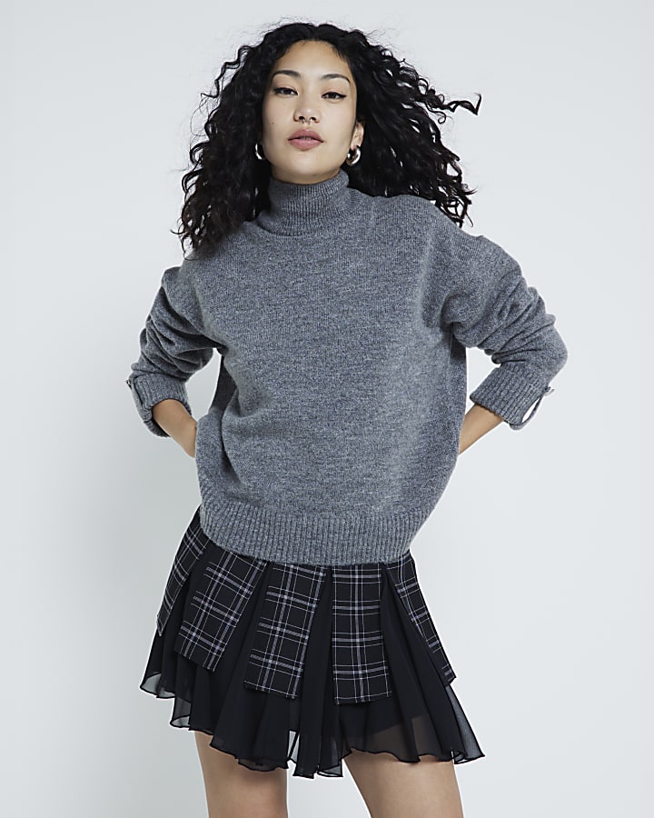 Black woven check pleated tennis skirt best sale