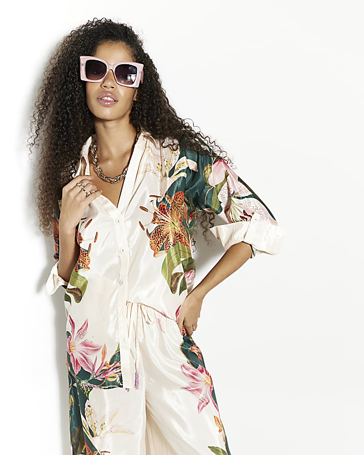 Cream Floral Print Beach Shirt