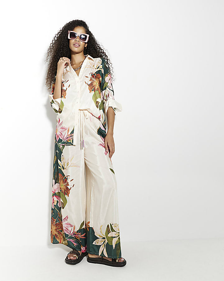 Cream Floral Wide Leg Trousers