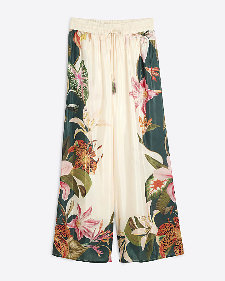 Cream Floral Wide Leg Trousers