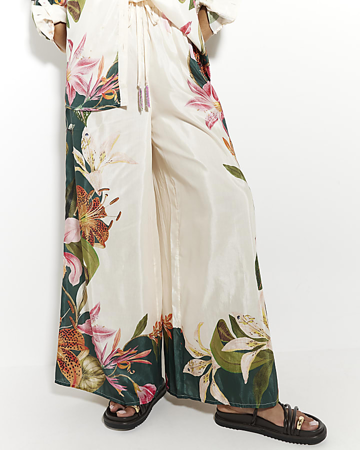 Cream Floral Wide Leg Trousers