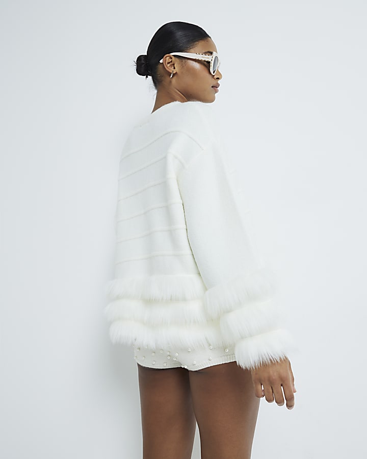 Cream Faux Fur Long Sleeve Jumper