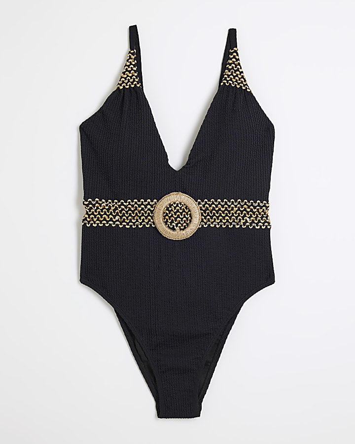 Black Textured Plunge Swimsuit