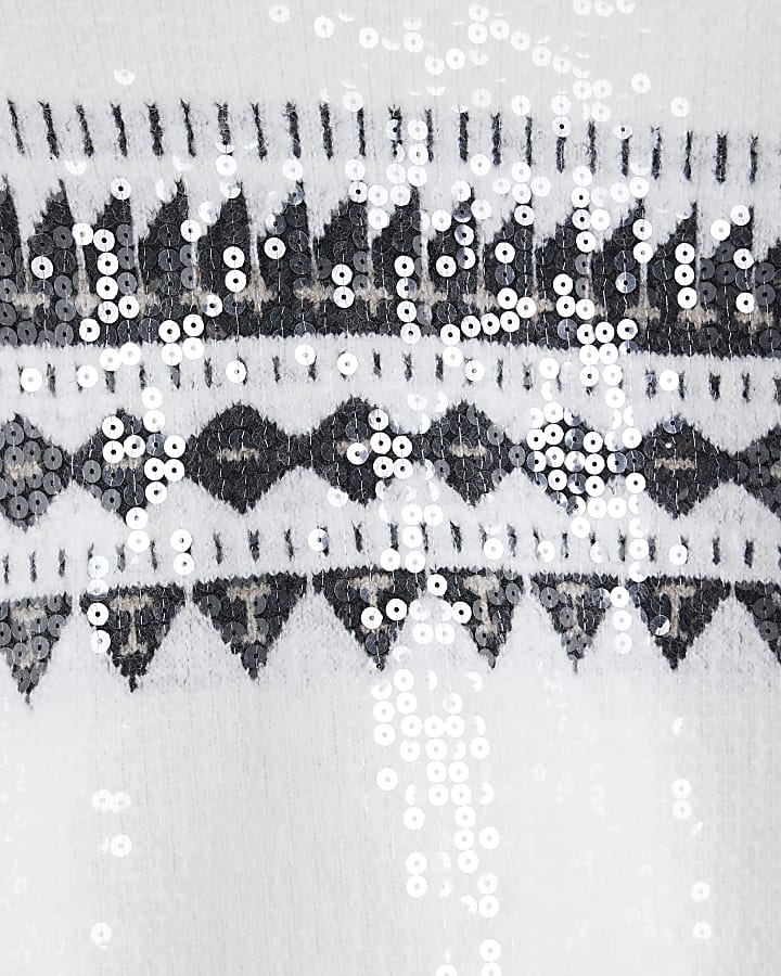 White Sequin Fairisle Print Roll Neck Jumper