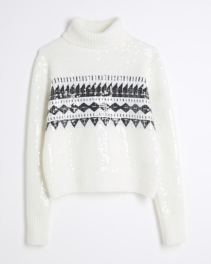 White Sequin Fairisle Print Roll Neck Jumper