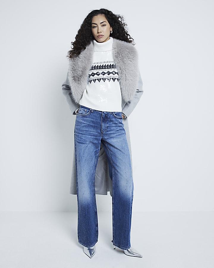 White Sequin Fairisle Print Roll Neck Jumper