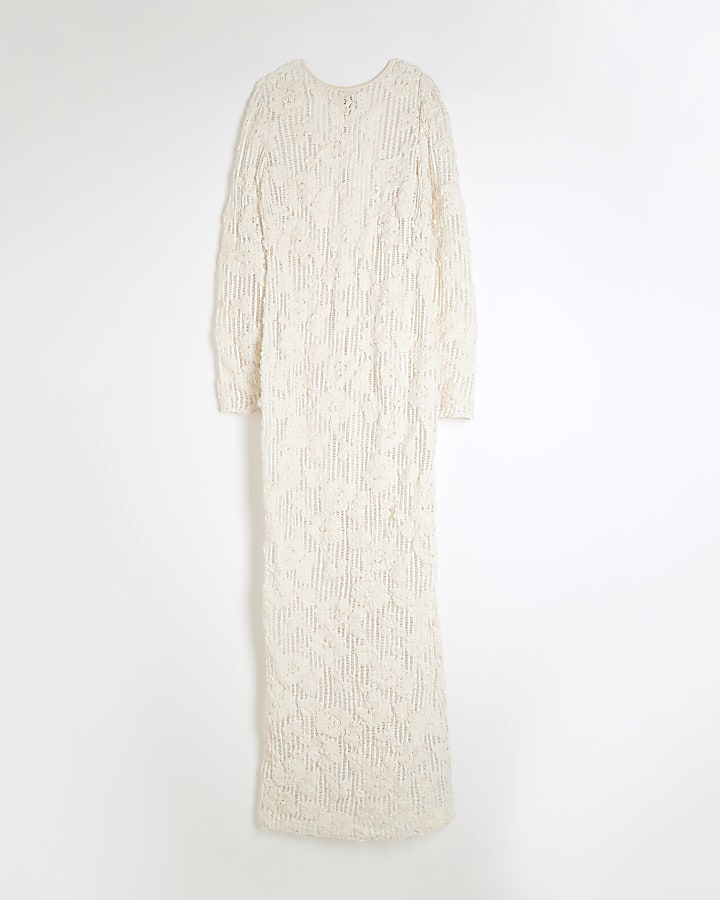 Cream Floral Lace Long Sleeved Maxi Dress