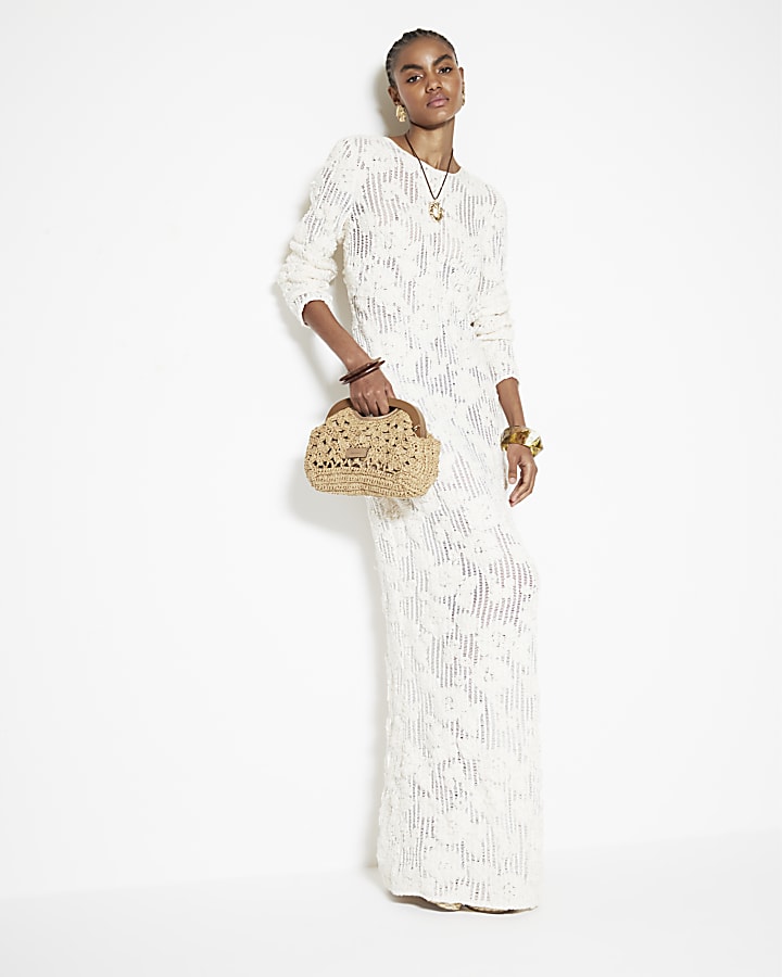 Cream Floral Lace Long Sleeved Maxi Dress