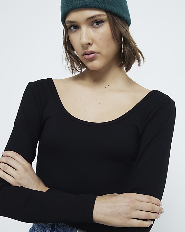 Black Long Sleeve Scoop Bodysuit