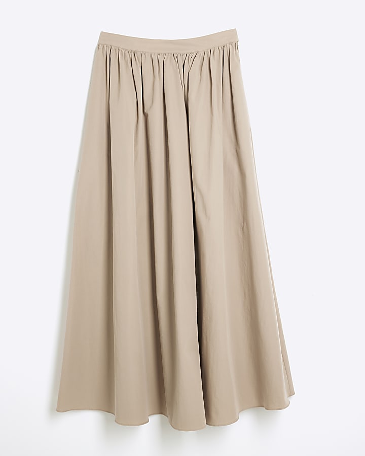 Beige Poplin Prom Midi Skirt