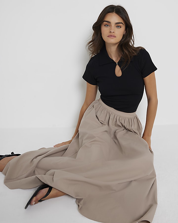 Beige Poplin Prom Midi Skirt